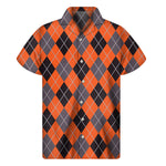 Orange And Grey Halloween Argyle Print Men's Short Sleeve Shirt