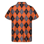 Orange And Grey Halloween Argyle Print Men's Short Sleeve Shirt