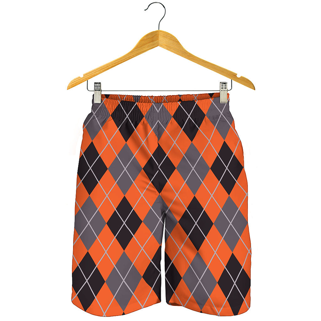 Orange And Grey Halloween Argyle Print Men's Shorts