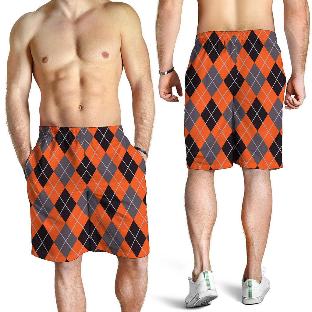 Orange And Grey Halloween Argyle Print Men's Shorts