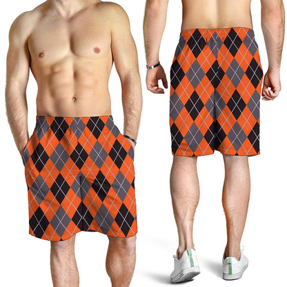 Orange And Grey Halloween Argyle Print Men's Shorts