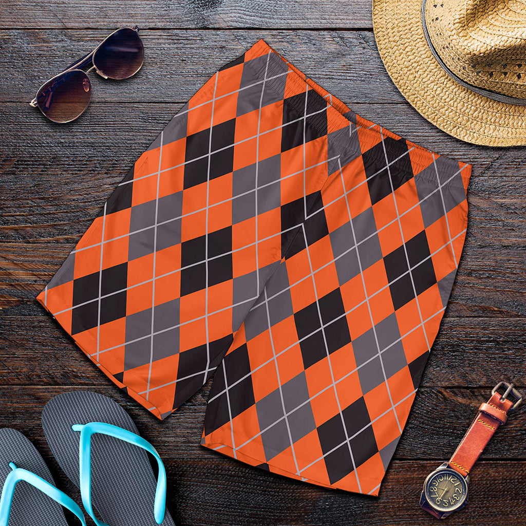 Orange And Grey Halloween Argyle Print Men's Shorts