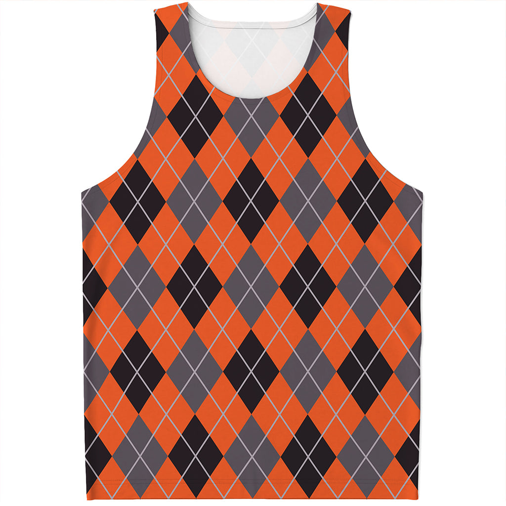 Orange And Grey Halloween Argyle Print Men's Tank Top