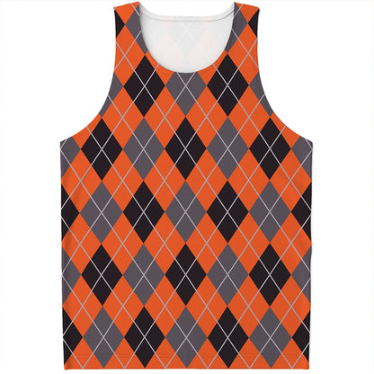 Orange And Grey Halloween Argyle Print Men's Tank Top