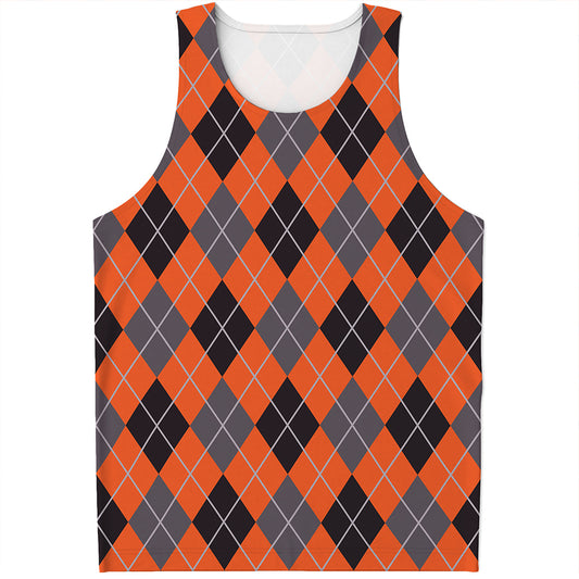 Orange And Grey Halloween Argyle Print Men's Tank Top