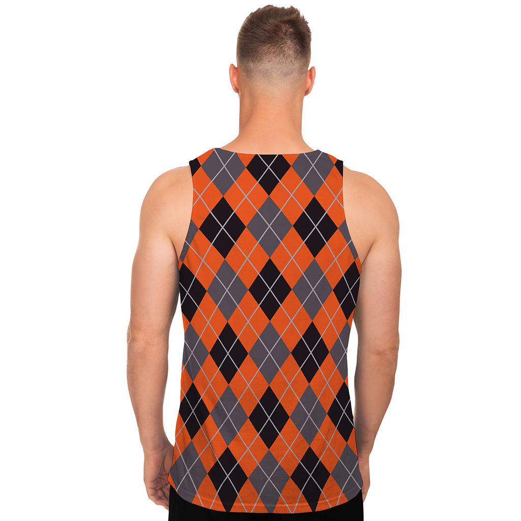 Orange And Grey Halloween Argyle Print Men's Tank Top