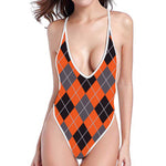 Orange And Grey Halloween Argyle Print One Piece High Cut Swimsuit