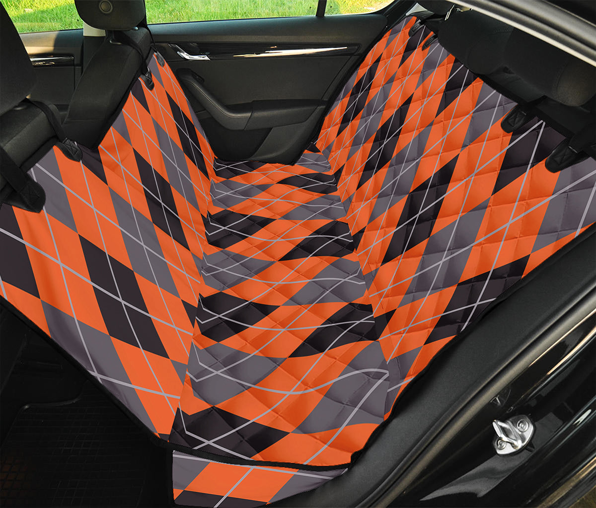 Orange And Grey Halloween Argyle Print Pet Car Back Seat Cover