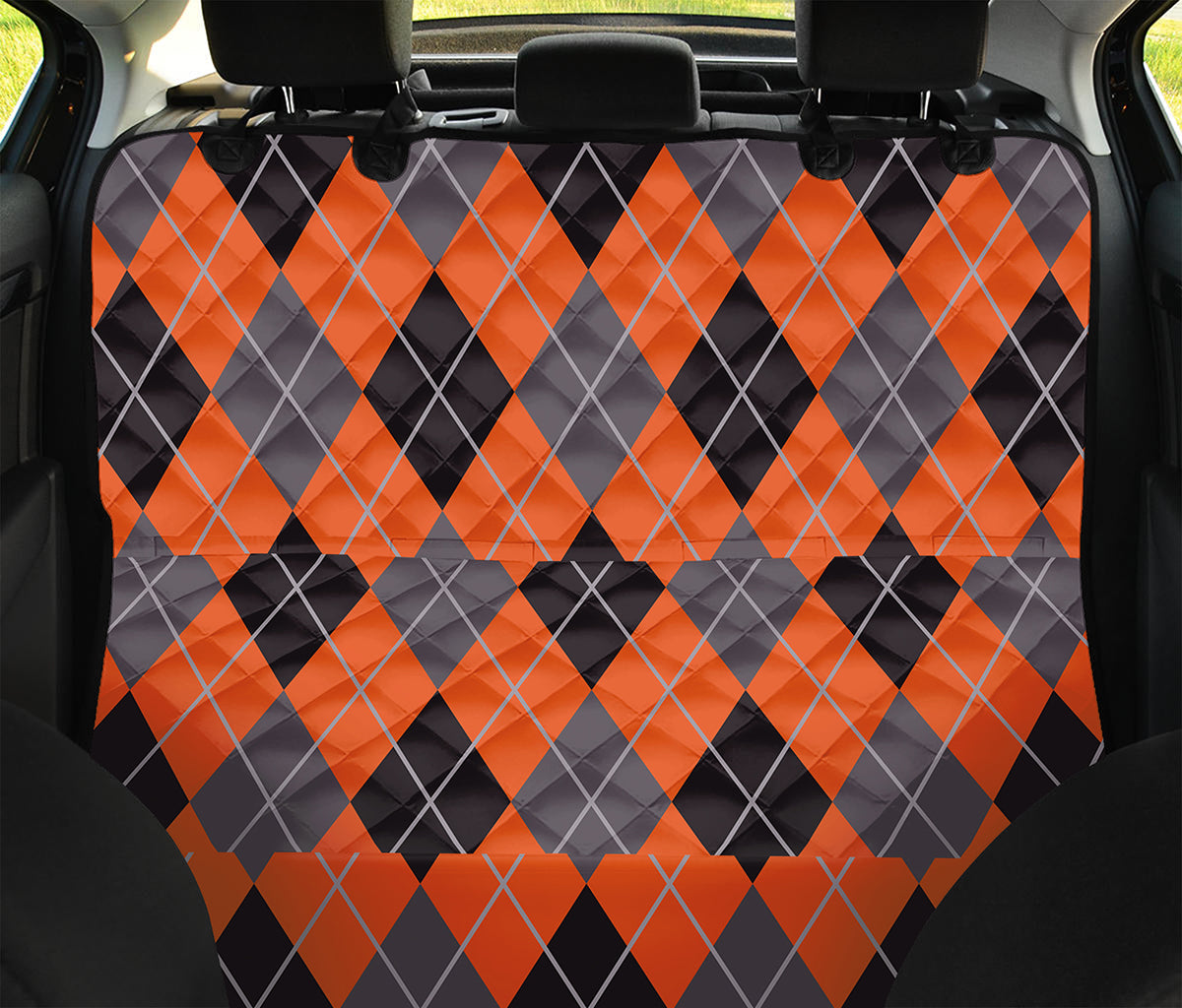 Orange And Grey Halloween Argyle Print Pet Car Back Seat Cover