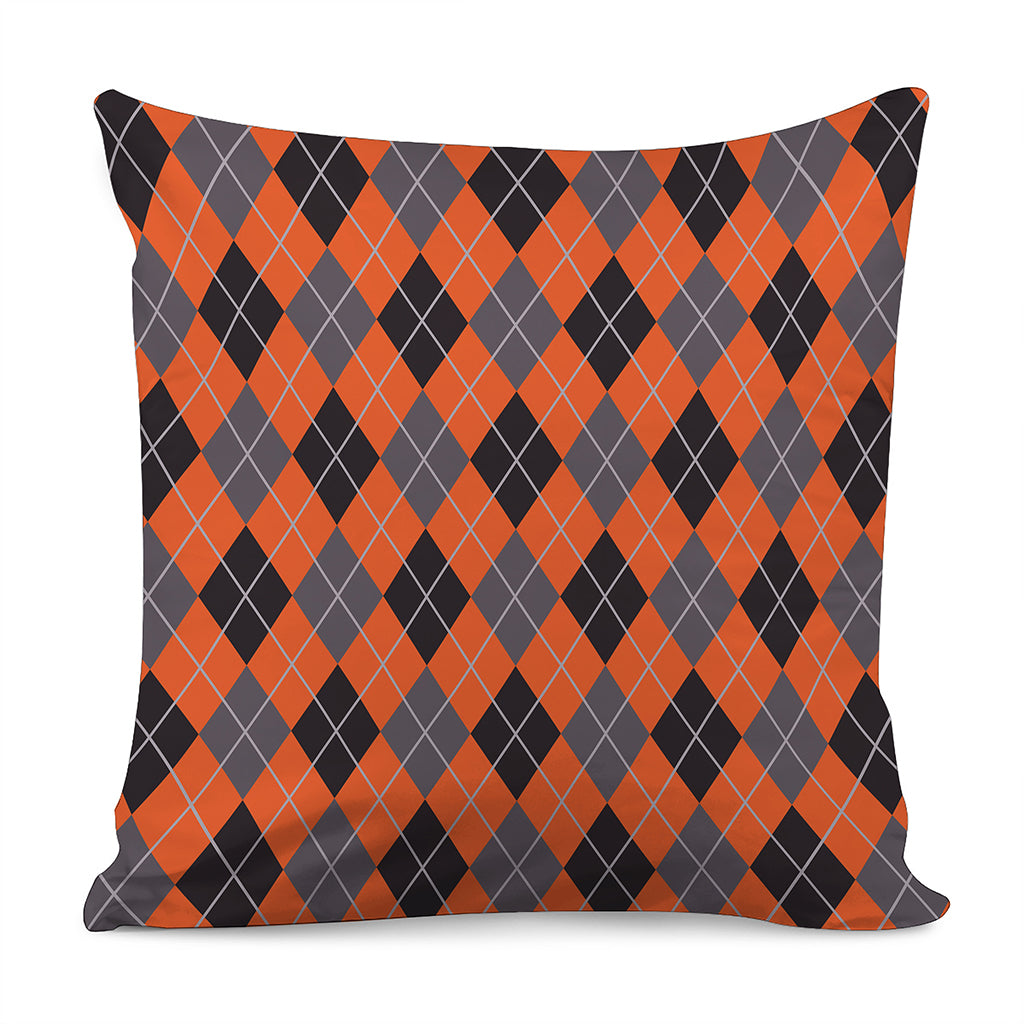 Orange And Grey Halloween Argyle Print Pillow Cover