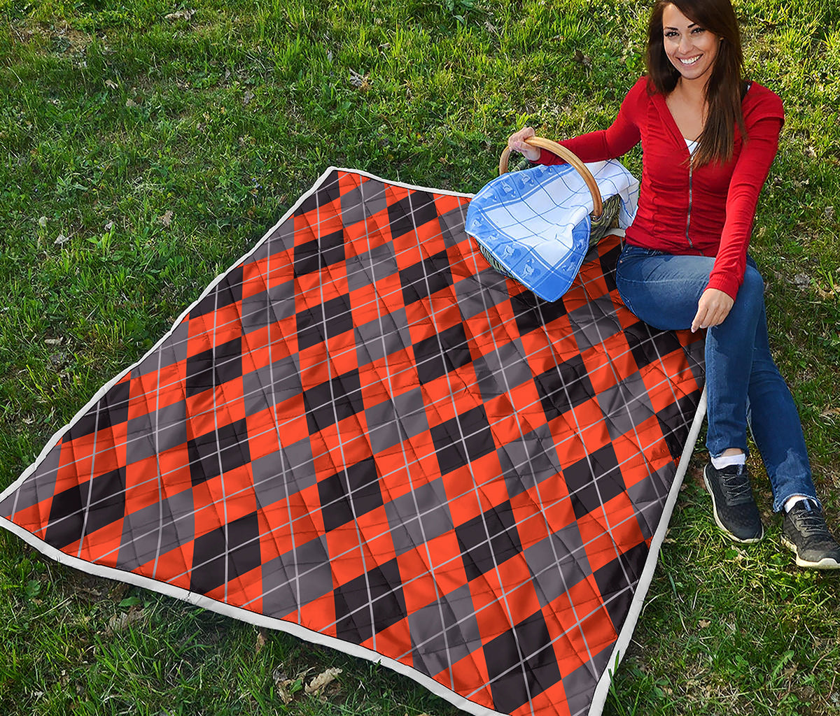 Orange And Grey Halloween Argyle Print Quilt