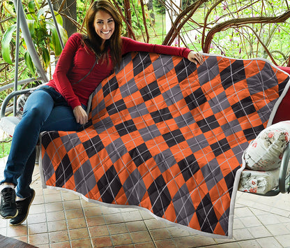 Orange And Grey Halloween Argyle Print Quilt
