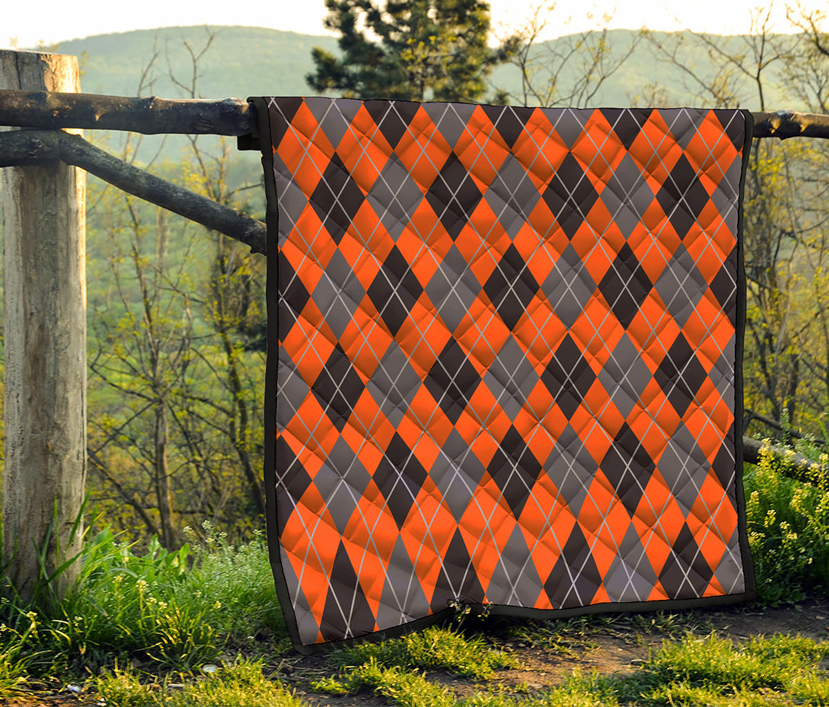 Orange And Grey Halloween Argyle Print Quilt