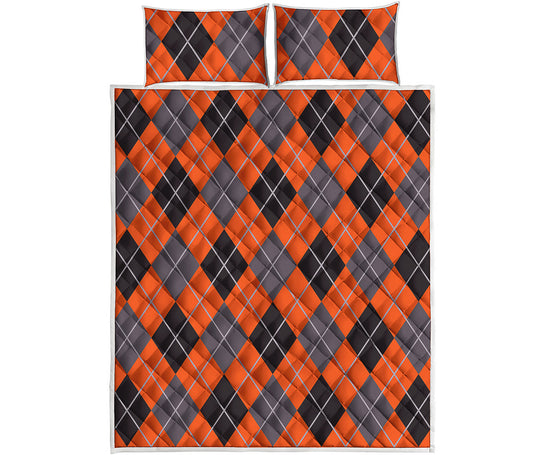 Orange And Grey Halloween Argyle Print Quilt Bed Set