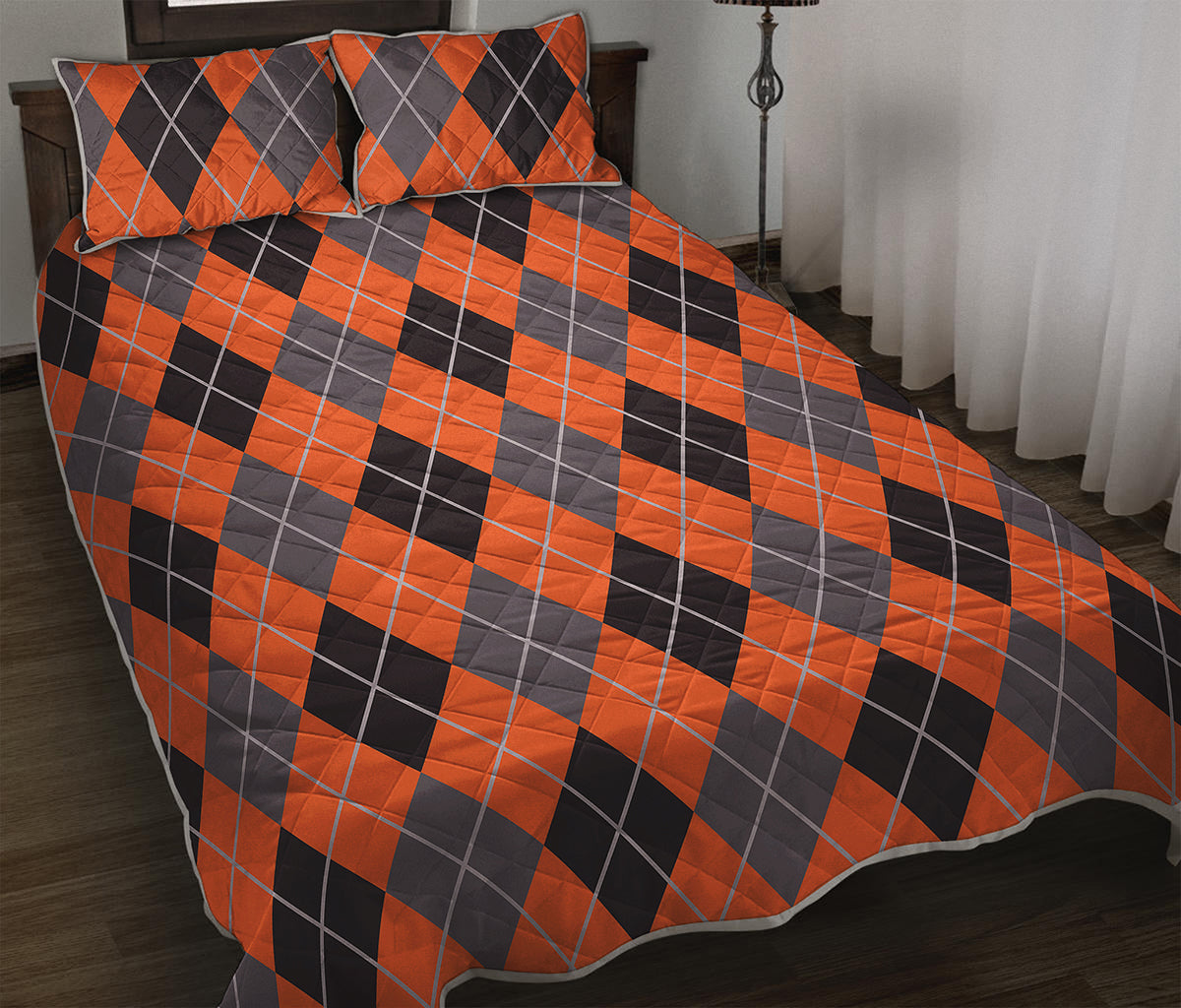 Orange And Grey Halloween Argyle Print Quilt Bed Set