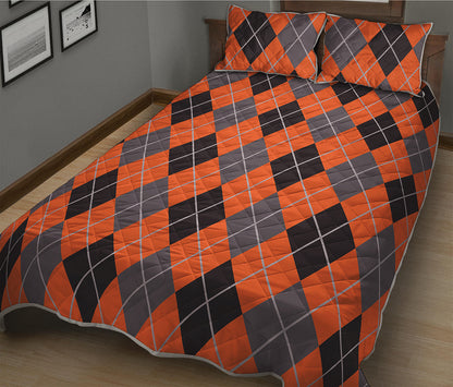 Orange And Grey Halloween Argyle Print Quilt Bed Set