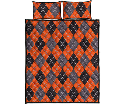 Orange And Grey Halloween Argyle Print Quilt Bed Set