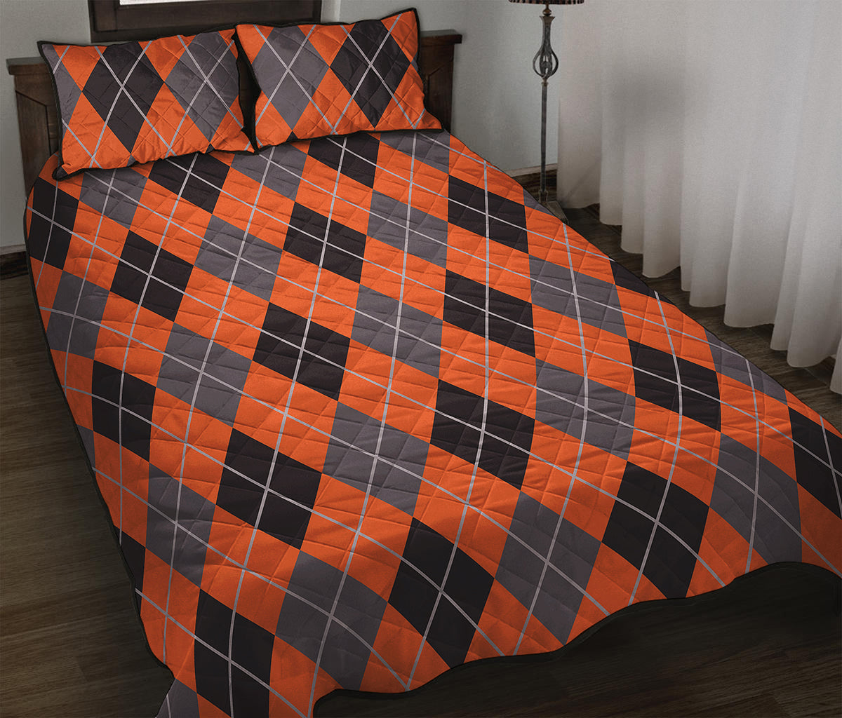 Orange And Grey Halloween Argyle Print Quilt Bed Set