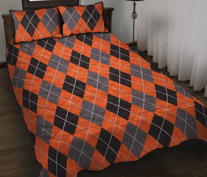 Orange And Grey Halloween Argyle Print Quilt Bed Set