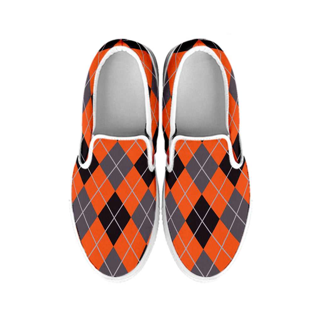 Orange And Grey Halloween Argyle Print White Slip On Shoes