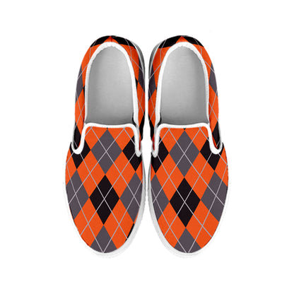 Orange And Grey Halloween Argyle Print White Slip On Shoes