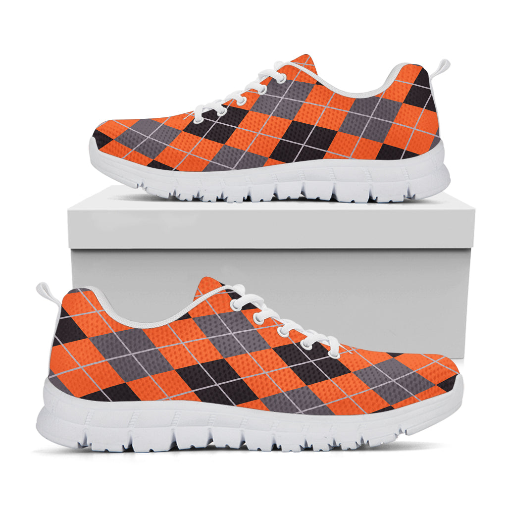 Orange And Grey Halloween Argyle Print White Sneakers