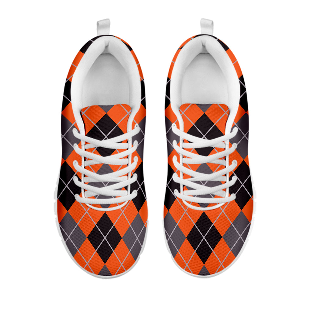 Orange And Grey Halloween Argyle Print White Sneakers
