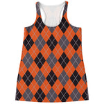 Orange And Grey Halloween Argyle Print Women's Racerback Tank Top