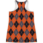Orange And Grey Halloween Argyle Print Women's Racerback Tank Top