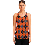 Orange And Grey Halloween Argyle Print Women's Racerback Tank Top