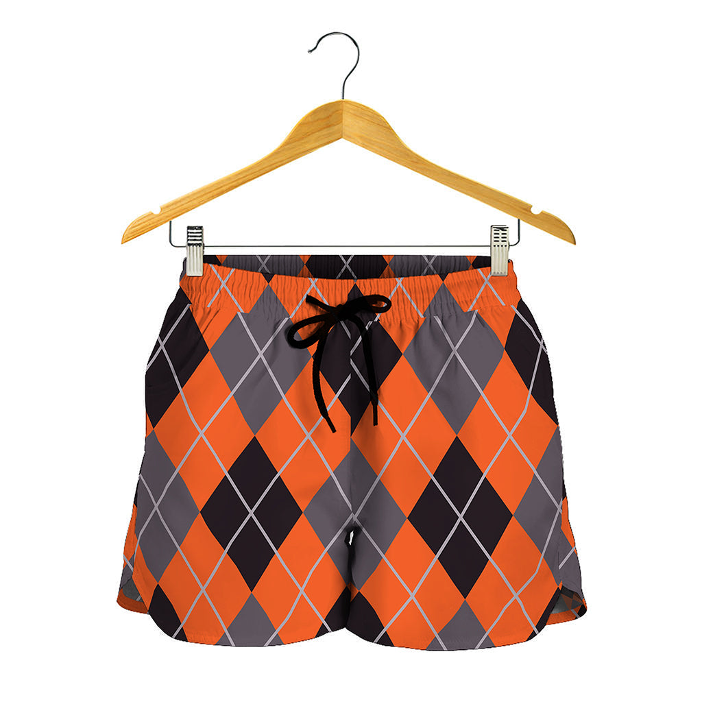 Orange And Grey Halloween Argyle Print Women's Shorts