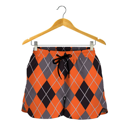 Orange And Grey Halloween Argyle Print Women's Shorts