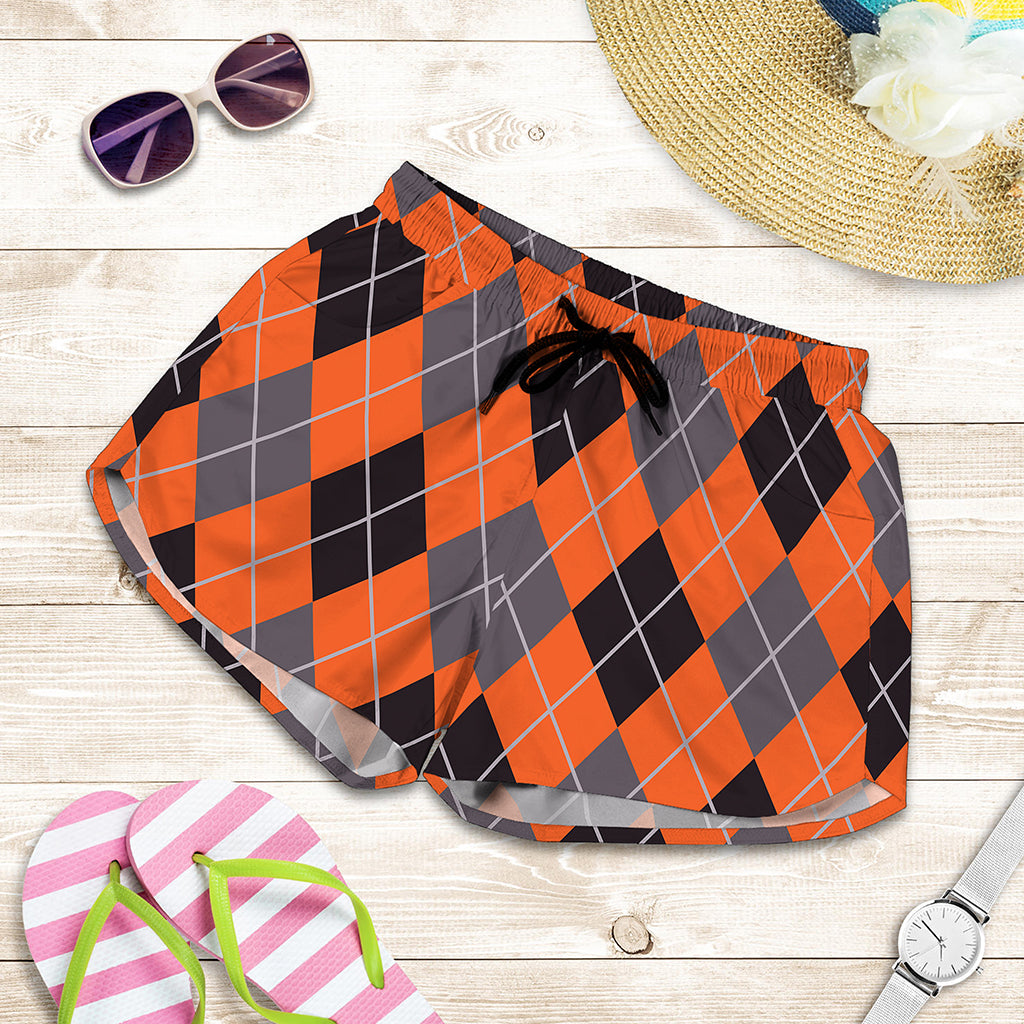Orange And Grey Halloween Argyle Print Women's Shorts