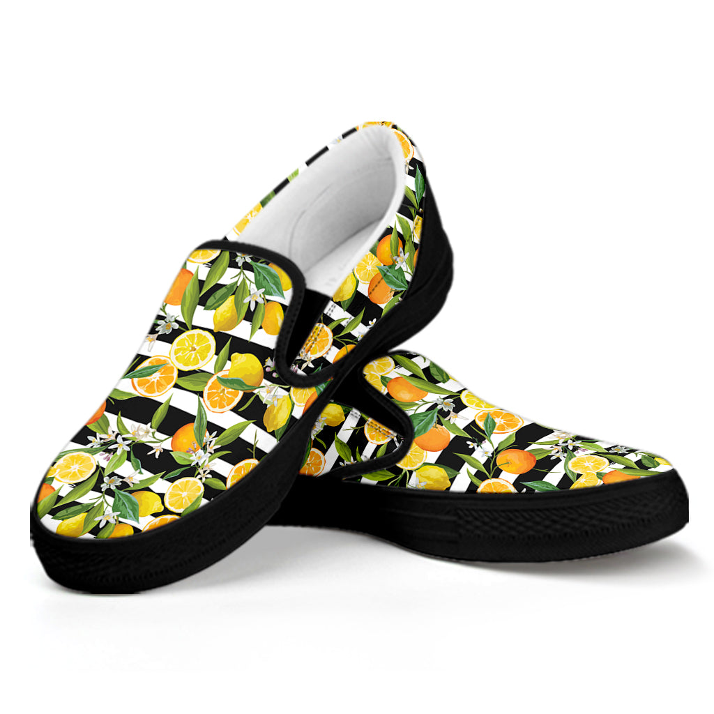 Orange And Lemon Striped Pattern Print Black Slip On Shoes
