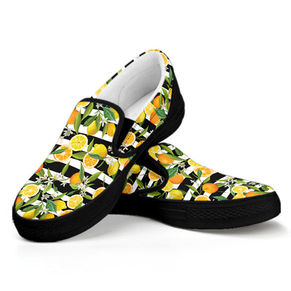 Orange And Lemon Striped Pattern Print Black Slip On Shoes