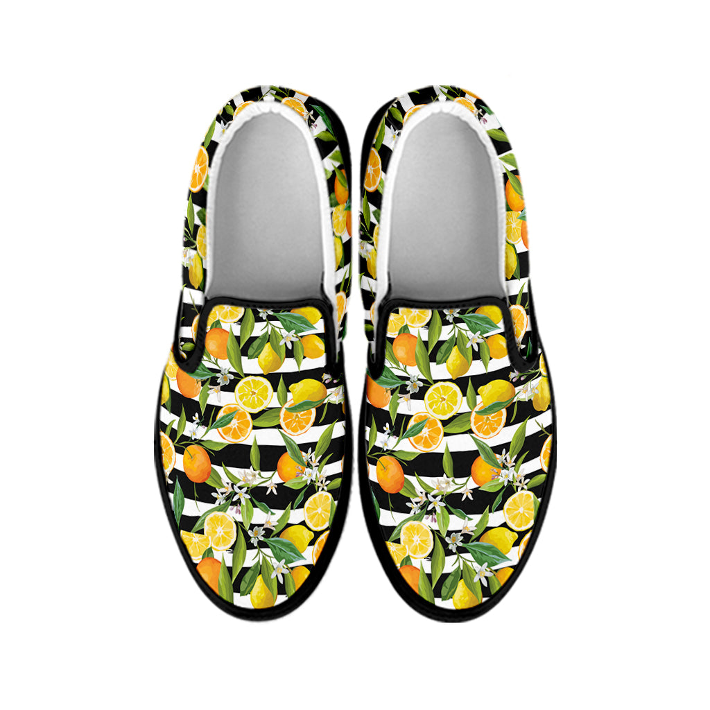 Orange And Lemon Striped Pattern Print Black Slip On Shoes