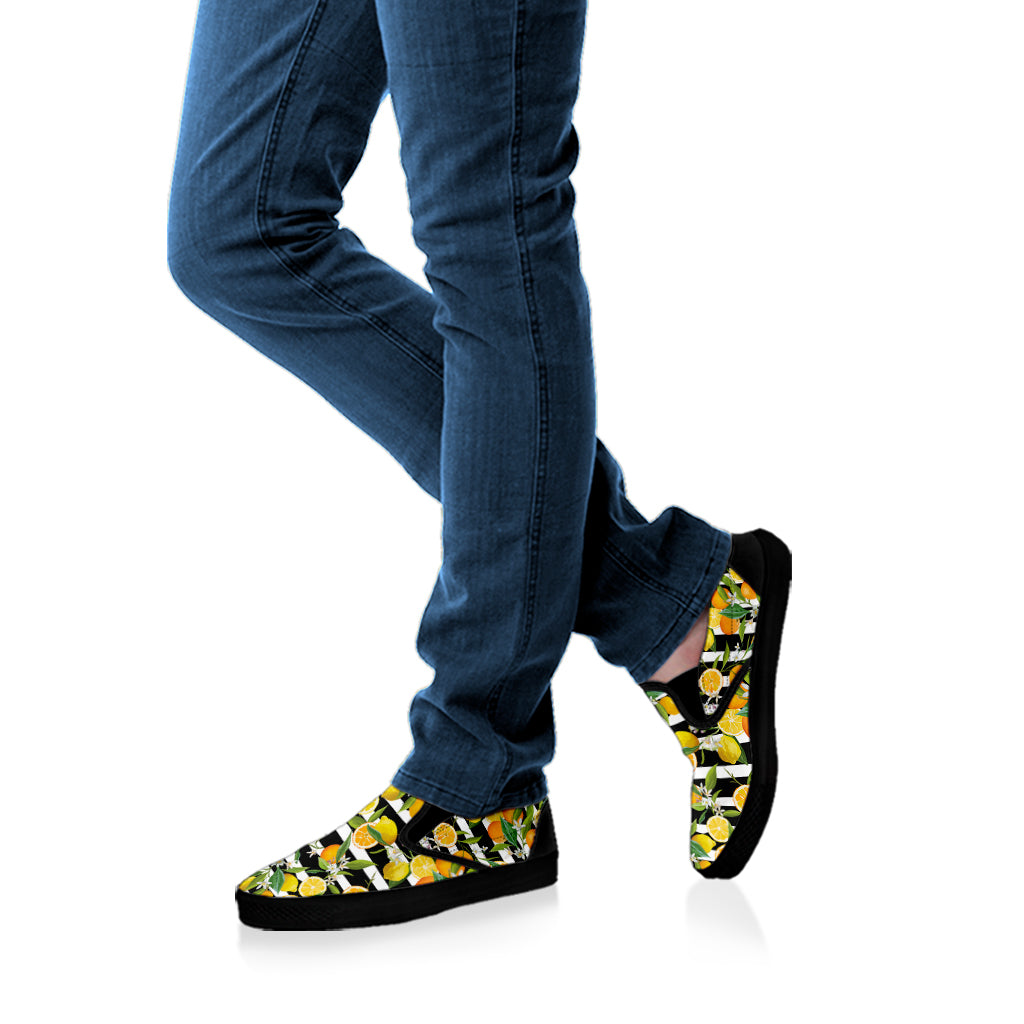 Orange And Lemon Striped Pattern Print Black Slip On Shoes