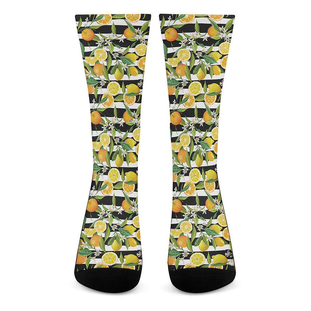 Orange And Lemon Striped Pattern Print Crew Socks