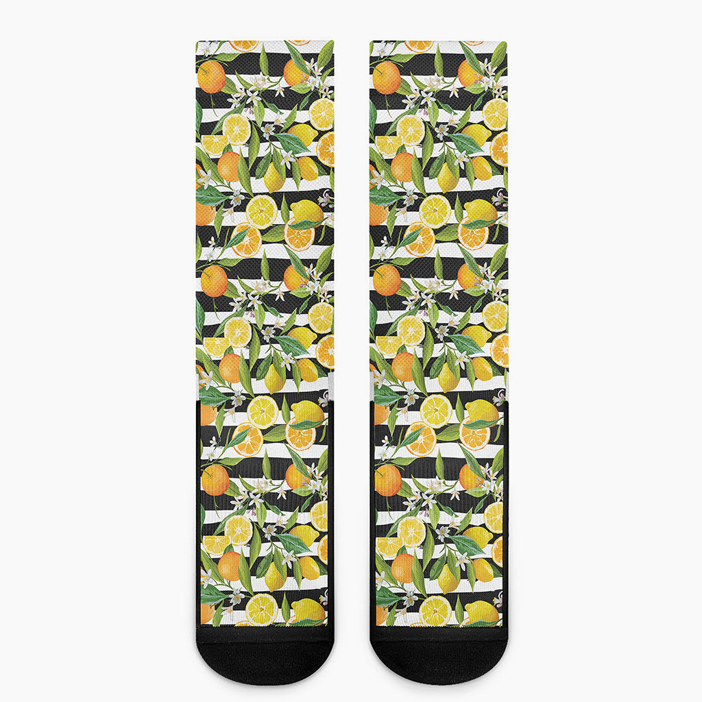 Orange And Lemon Striped Pattern Print Crew Socks