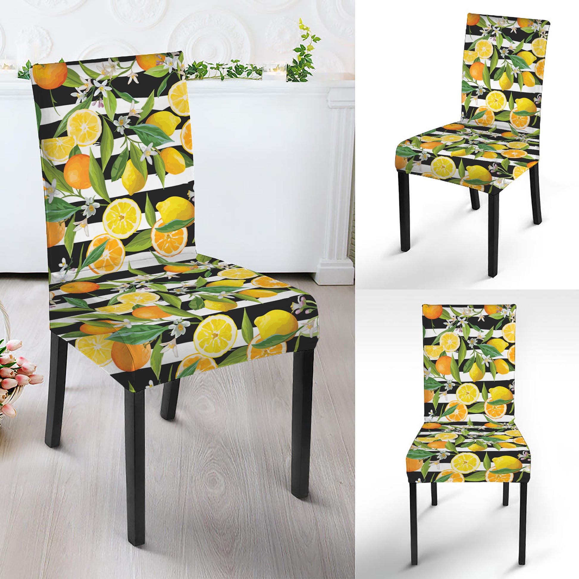 Orange And Lemon Striped Pattern Print Dining Chair Slipcover