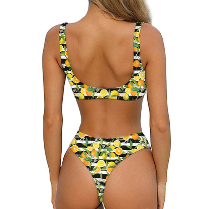 Orange And Lemon Striped Pattern Print Front Bow Tie Bikini