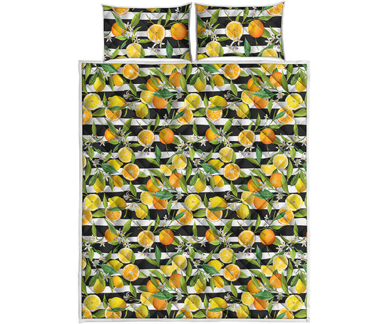 Orange And Lemon Striped Pattern Print Quilt Bed Set