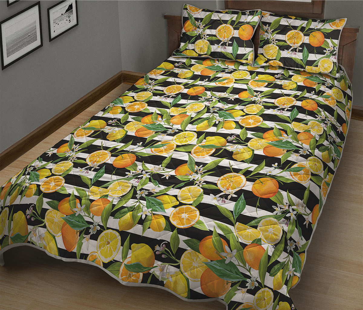 Orange And Lemon Striped Pattern Print Quilt Bed Set
