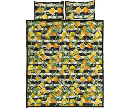 Orange And Lemon Striped Pattern Print Quilt Bed Set