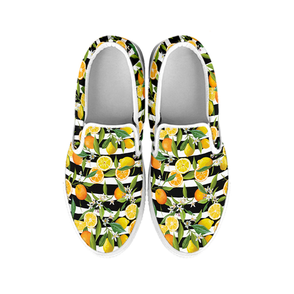Orange And Lemon Striped Pattern Print White Slip On Shoes