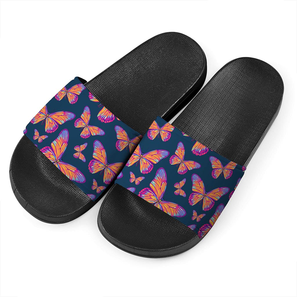Orange And Purple Butterfly Print Black Slide Sandals