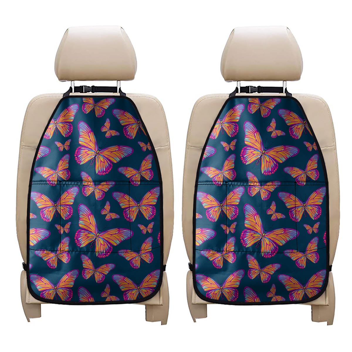 Orange And Purple Butterfly Print Car Seat Organizers