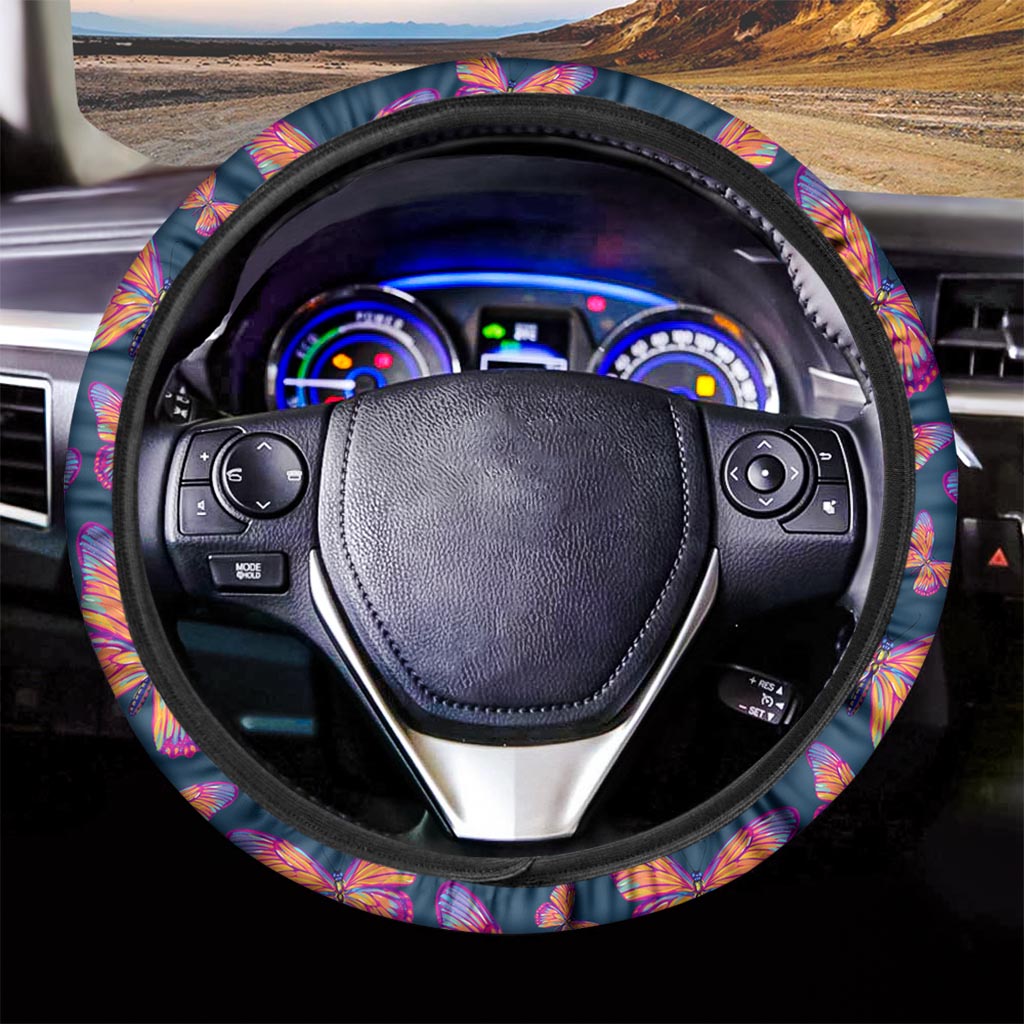 Orange And Purple Butterfly Print Car Steering Wheel Cover