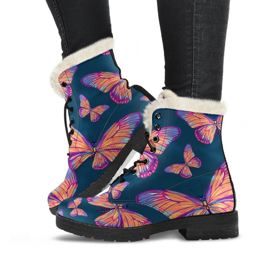 Orange And Purple Butterfly Print Comfy Boots GearFrost