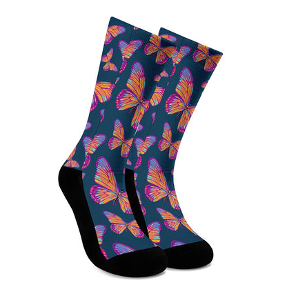 Orange And Purple Butterfly Print Crew Socks